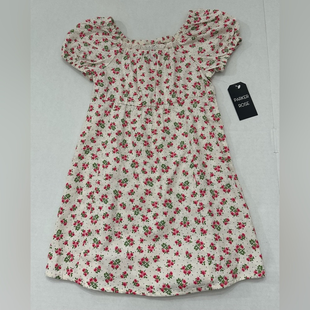 Parker Rose Girls Cotton Puff Sleeve Cream Floral Dress Size XS 4-5